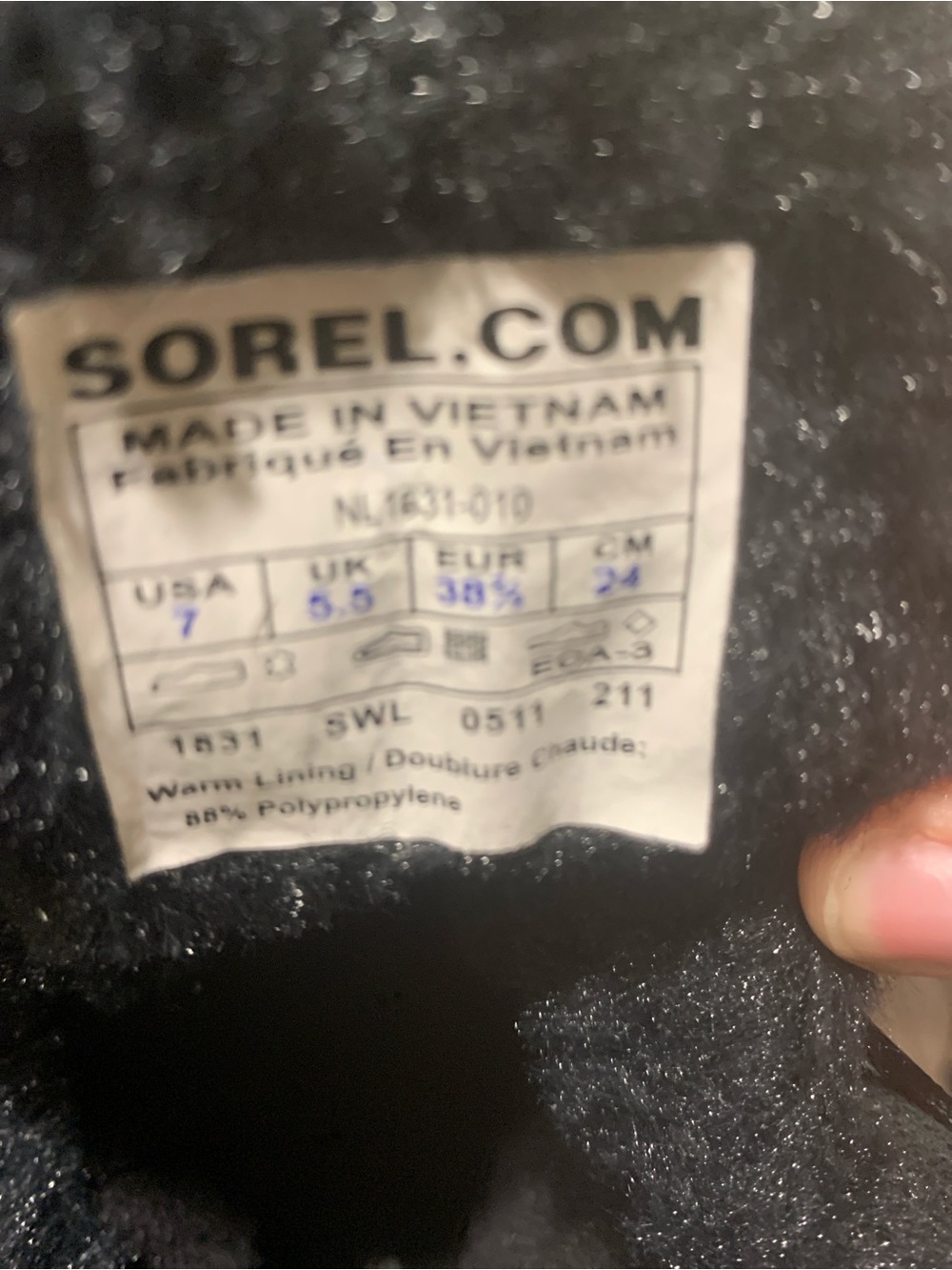 Sorel Black Winter Boot Interior Label